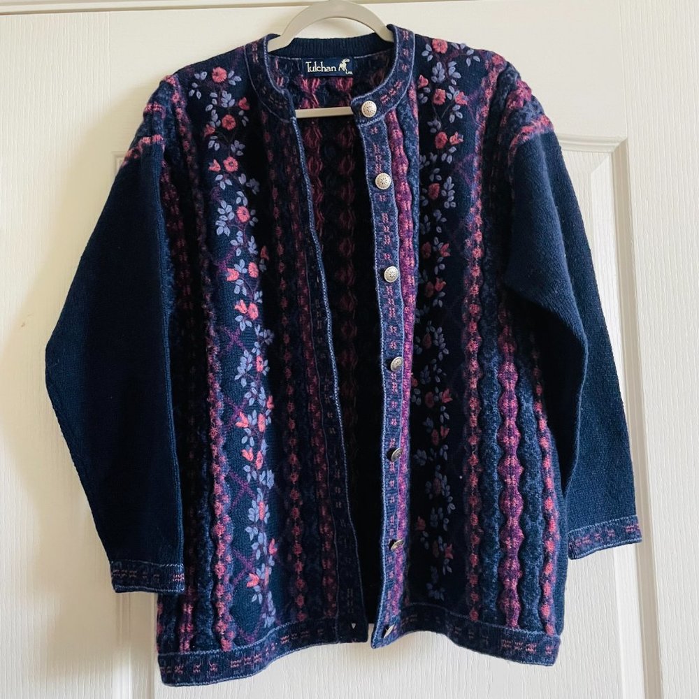 Tulchan Vintage Pure Wool Knit Embroidered  Cardigan Sweater Size L/XL Great